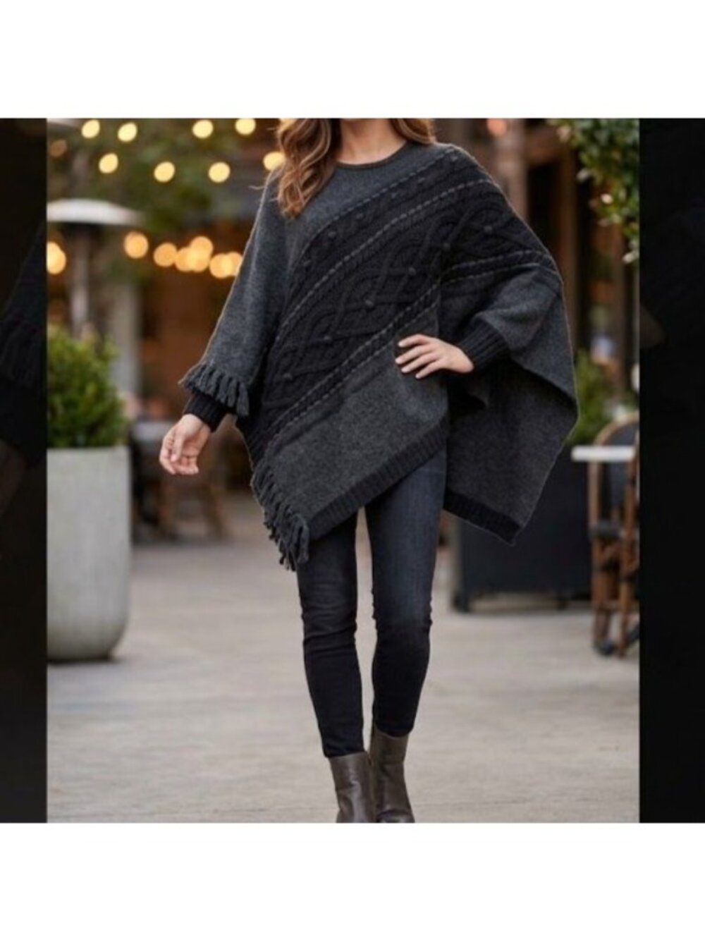 Sleeping on Snow Cable Knit Poncho Sweater Womens Size M/L Black Boho Minimalist